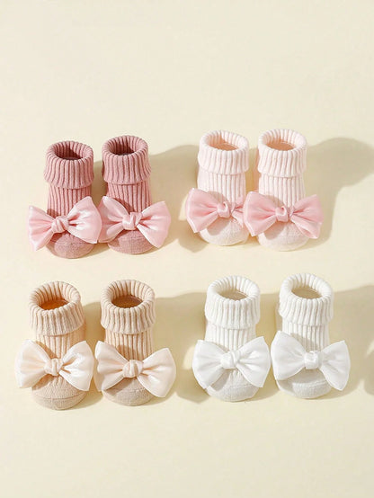 4 Pairs Toddler Socks with Bows, Soft Cotton Cute Ankle Socks for Infants Girls, Fashion Anty-Slip Newborn Baby Socks 0-24 Month